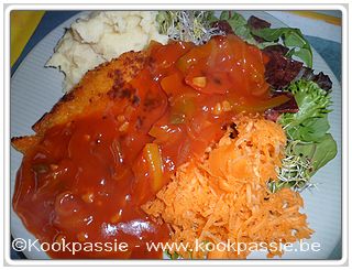 kookpassie.be - Zigeunersaus met puree, rauwe groenten en kipsnitzel