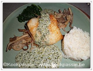 kookpassie.be - Heilbot - Saumon aux champginons hier met oesterzwammen, kervelsaus, sojascheuten, spinazie en rijst