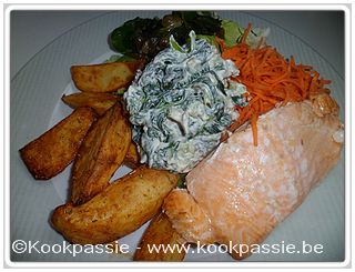 kookpassie.be - Zalm - Zalm en aardappeltjes in de oven met spinaziedipsaus