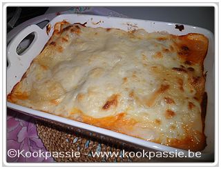 kookpassie.be - Kabeljauw, lasagnavellen, tomaat met basilicum, champignons en rest vd kaassaus met een beetje room erbij