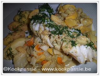 kookpassie.be - Kabeljauw met gebakken venkel, gele courgette met surimi, mosterdsausje en dille