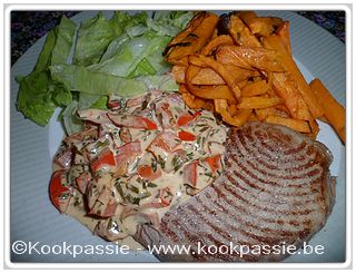 kookpassie.be - Steak met rode paprika, dragon roomsaus